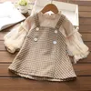 Girls' autumn dress 2024 vintage patchwork plaid skirt 2-6 year old girl baby spring and autumn vacation 2 dresses