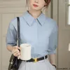 Blouses femininas Coreia chique tops blusas moda feminino escritório trabalha trabalha elegante sólida retro blot buttled blot formal azul camisetas brancas