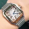 Mense Watch Luxury Hollow Automatic Mechanical Movement Square Watch Stainless Steel Metal Strap Double Folding Clasp 39.8mm Transparent Sapphire Back Crown