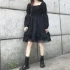 Casual Dresses Loose Gothic Black Princess Dress Autumn Girls Puff Sleeve Esthetic Lace Design Chic Vintage Sweet Square Collar Vestidos