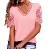 Women's Blouses V-Neck Women T-shirt Lace Hollow Stitching Petal Short Sleeve Casual Loose Solid Color Tops Daily Clothing