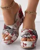 Kadın Ayakkabı Moda Sıradan Flip Flops Yaz Vintage Çiçek Baskı Peep Toe Kama Terlik 240424