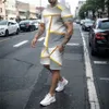 Moda Mens Trailsuit 2 Parça Set Yaz Stripe Sport Hawaiian Takım Kısa Kollu Tişört ve Günlük Man Giyim 240419