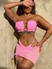 Kvinnors badkläder Bikini Set Sexig rosa baddräkt Tre stycke Bandeau Kvinnor med mesh kjolar baddräkt Mikro Thong Beach Wear