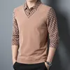 Mens Spring and Autumn Fashion Plaid Fake Two Piece Set POLO Thin Personalized Versatile Comfortable Warm Bottom Shirt 240420