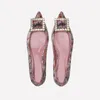 Gratis frakt 2024 Satin Women Pink Diamond Flat Chunky klackar Pillage Pointed Toes Paisley Printed Rose Flowers Dress Shoes Party Wedding Slip-On Pommuter Siz 34-43