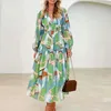 2023 الخريف الطويل الأكمام الحفلات فستان عارض عالي الخصر Maxi Ladies Vneck Ploral Print Bohemian 240419