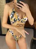 Swimwear féminin Sexy Halter V Neck Leopard Femme Swimsuit High Taist Bikini Femmes Two-Pieces Set Bather Bathing Costume Swim V4238