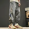 Men's Jeans Cropped Graphic Trousers Embroidery Man Cowboy Pants Soft 2024 Trend Fashion Loose Spring Autumn Goth Stylish Kpop