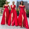 Prom spleet sexy hoge rode jurken met zakken een lijn vloerlengte lange bruidsmeisje jurk eenvoudige satijn uit schouder v-neck moderne speciale ocn avondjurken