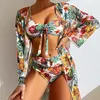 Kvinnor Beachwear 3 -stycken Set Push Up Bikinilong Sleeved Mesh Smock GrayBlueyellowWhitePurplepinkGreenrose Bathing Suit 240417