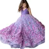 2024 Purple Flower Girl Dresses For Weddings V Neck Spaghetti Straps Lace Appliques Beads Ball Gown Tulle Girls Pageant Dress Kids Communion Gowns Hand Made Flowers