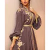 Kaftan Marokkaanse elegante mouwen lange avond v nek een lijn formele ocn -jurken gouden bloemen kanten appliques vrouw prom jurken duabi caftan henna feestjurk ppliques