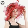 FS Hats For Women Rose Red Tea Party Wedding Organza Cap Feather Flower Plaid Fascinator Wide Brim Fedoras 240412