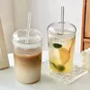 Vinglas 500 ml Drinking Cup med lock och halm Hög Borosilikat Glas tumlare Återanvändbar läckage för iskaffelbubbla te dryck