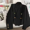 HighQuality Double Breasted Crop Blazer Women Korean Solid Long Sleeve Suit Coat Office Ladies Elegant Short Jacket Female 240417