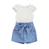 衣料品セット幼児の女の子の夏の服レースメッシュラウンドネックリブリブ付きTシャツとベルト付きショートパンツ2 PCS衣装