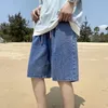 Yaz Erkekler Yaz Drawstring Denim Şort Kore Moda Yüksek Bel Boş Zaman Ulzzang Gevşek Düz Capris Jeans Şort 240411