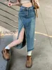 Rokken chique gesplitste hoge taille A-gevoerde midi lengte denim rok Koreaans ontwerp streetwear onregelmatige faldas vrouwen voorjaar herfst vintage saia