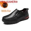 Casual Shoes Genuine Leather Tooling Mens Winter Outdoor Plush Loafers Men Warm Fur Snow Walking Comfortable Shoe Slip On