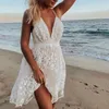 Fashion White Lace Flower Mini Dress Women Summer Mouwess V Neck Bacless Bandage Beach Club Sexy Dresses Vestidos 240424