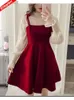 S-4XL Trajes de vestimenta de dos piezas para mujeres lindas camisa roja de navidad coreana Vestidos Bling Bling Sheer Mesh Little 240418