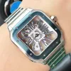Męskie zegarek luksusowe puste automatyczne ruch mechaniczny Square zegarek ze stali nierdzewnej metalowy pasek podwójne składanie 39,8 mm przezroczysty szafirowy tylna korona