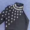 416 L 2024 Milan Runway Dress Spring Summer Summer Sleesess Beads Black Womens Dress Fashion de alta qualidade Bohon
