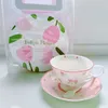 Kupalar 250ml Fransız Pembe Gül Baskı Vintage Kahve Kupası ve Set Seti Seramik Güzel Kız Kalp İngilizce İktişam Tea