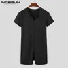 Men pijamas Rompers Solid V Neck Zipper Fitness Manga curta de manga aconchegante Playsiits Leisure Leissuit Sleepwear Incerun 7 240428