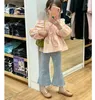 Set di abbigliamento primaverili e autunno coreana Set di ragazze set per bambini camicia manica a bolle camicia in denim pantaloni 2 pezzi
