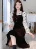 Casual Dresses Floral Long Sleeve Midi Dress Autumn Winter Thck Warm Corduroy 2024 Elegant Women Bodycon Party Evening Maxi