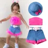 Summer Little Girls Clothes Set Kids Dew Shoulder Plush Tops Denim Shorts Love Heart Buckle Belt Bows Hat 4st Sweet Children Outfits Z7928