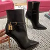 Winter Elegant Design Metal lock decoration Calf leather High heel boots side zip shoes pointed Fashion BootsToe stiletto Ankle booties shoe women tom fords boot Box