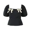 Blouses pour femmes Foridol Bowknot noir d'été Femmes Top French Style mignon Pelpum Blouse Clouse carré collier solide Blusa 2024