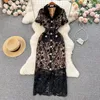 Casual Dresses 2024 Runway Autumn Embroidery Hollow Out Lace Dress Elegant Women's Notched Collar Golden Single Breasted Bodycon Midi