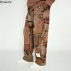 2024 Heren High Street Losse wide benen broek mode afdrukken Europeaan Mid Rise Mens broek Brown Hip Hop Pants Mens Casual Pants 240426