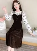 Casual Dresses Floral Long Sleeve Midi Dress Autumn Winter Thck Warm Corduroy 2024 Elegant Women Bodycon Party Evening Maxi