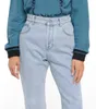 Vinterkvinnor denim jeans ihåliga strimlade rippade design Ebrodery Casual Dark Blue Straight Denim Trousers Storlek 25-30