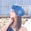 Berets vrouwen baret hoeden mode zoete 3d bloemen camellia blauwe denim cap dames meisjes casual head wrap motorkap retro schilder doppen
