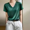 2024 Sommer Basic Massiv Womens T-Shirts T-Shirts V-Ausschnitt Kurzarm Tees Tops Satin Seiden elegante dünne Hemden für weiblich 240426