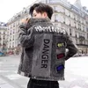 Mens Denim Jacket Patch Autumn with Print Male Jean Coats Spliced Punk Washed Casual Korea of Fabric Vintage Clothing Elatic G 240415