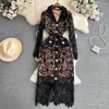 Casual Dresses 2024 Runway Autumn Embroidery Hollow Out Lace Dress Elegant Women's Notched Collar Golden Single Breasted Bodycon Midi