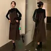 Sıradan Elbiseler Yzjnh 2024 Sonbahar Kore Edition Gevşek Katı Spagetti Kayış Tonu Kadife Elbise Örme Üst İki Parça Set Büyük