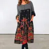 Vestidos casuais vestido macio estampa étnica A-line midi com cintura alta de manga comprida para o outono de estilo retro do estilo feminino de mola de pescoço redondo