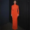 Casual Dresses Aligaia 2024 Fashion Orange Turtleneck Elegant Slit Dress Women Autumn Winter Lady Long Sleeve Bodycon Evening Party