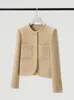 Kvinnans jackor 2024 Autumn Tweed Jacket Chic Single-Breasted Round Neck Elegant Wool Short Coat Femme Luxury Outwear Casacos