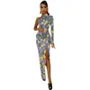 Lässige Kleider florales Ditsy Bodycon Kleid Frauengelb und lila Retro Maxi Langarm Streetstyle Graphic Gift