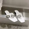 Hausschuhe Mode Frauen außerhalb Kristallschnur Perlen Flats Quadratz Zehen echte Leder Casual Beach Slides Sandalen Sandalen
