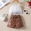 Sommermädchenkleidung Sets Kinder Plüsch Hosentender Tops mit PU -Lederbögen Gürtshorts 2pcs Mode Kinder lässige Outfits Z7922